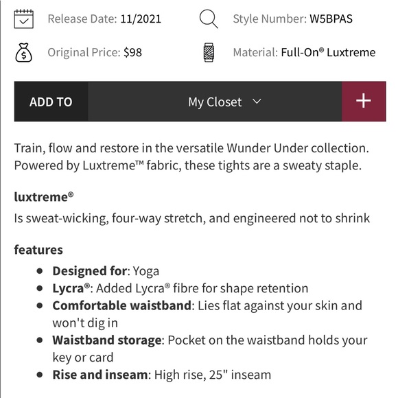 Wunder Under luxtreme 25" mulled wine size 2 lululemon nwt - Picture 12 of 12
